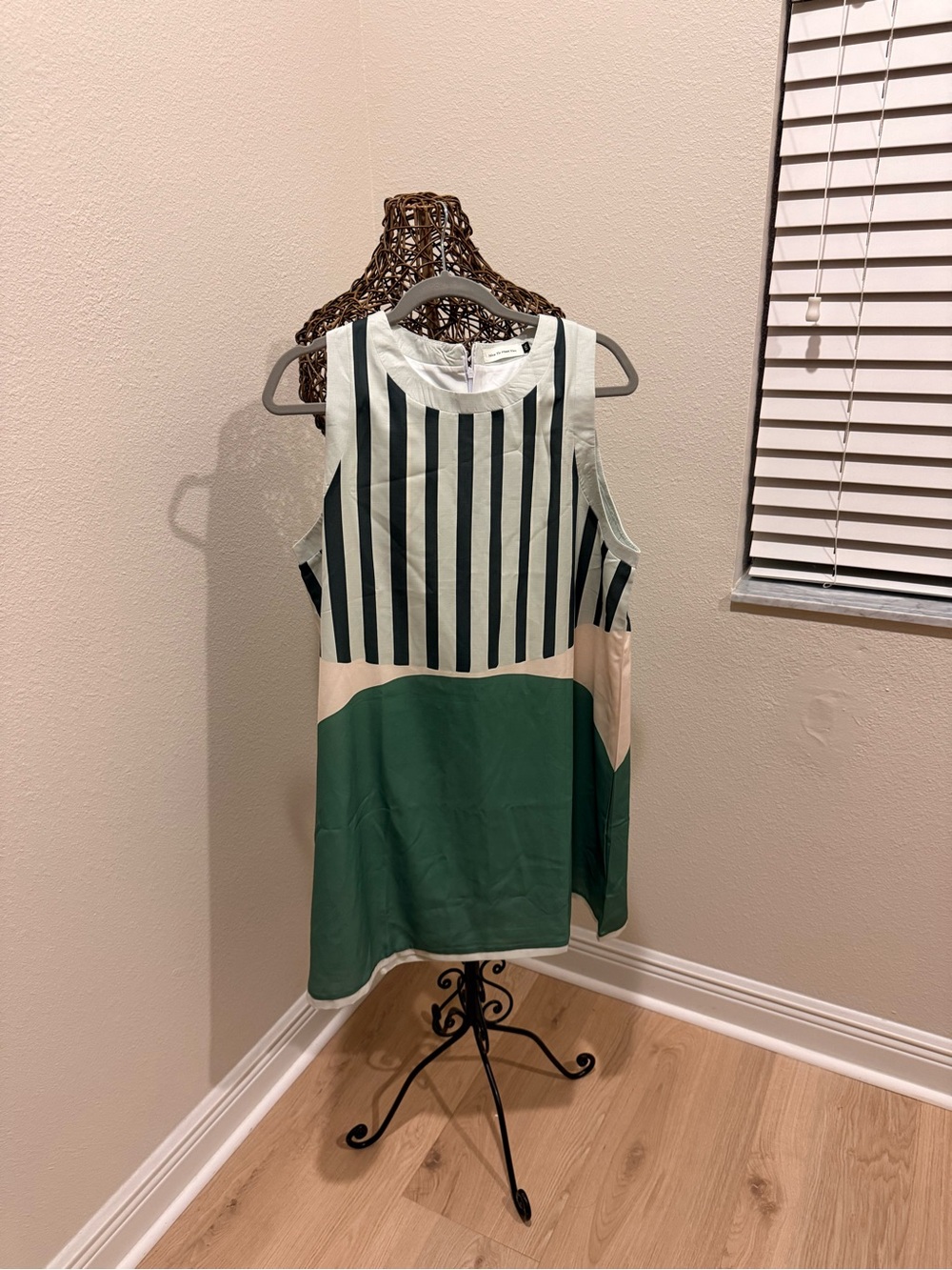 Sleeveless Midi Dress with Green Colorblock and Black Stripe Detail